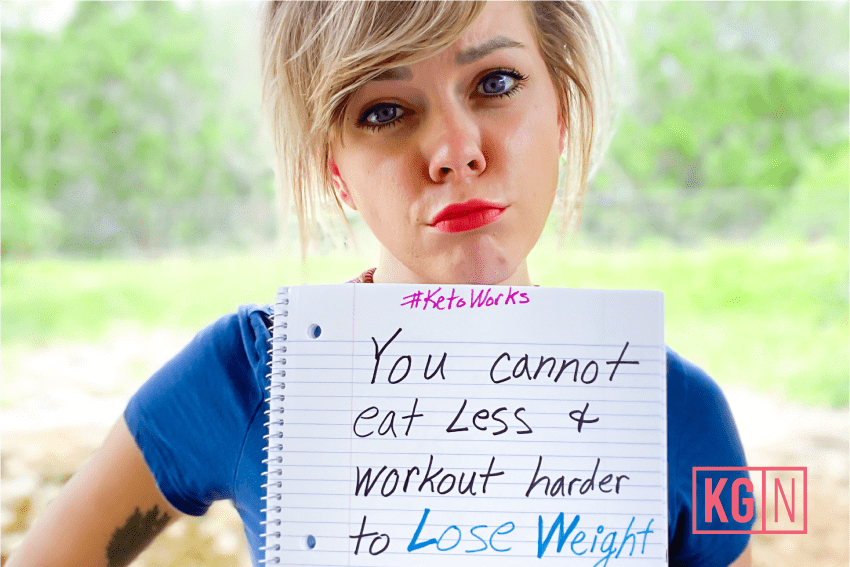 Priscilla with a sign that says why eating less doesn't work
